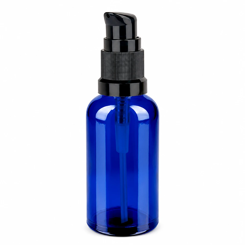 Premium blauwe pompflacon 50ml met UV-bescherming en zwarte dispenser STD BlueLine UT18/50