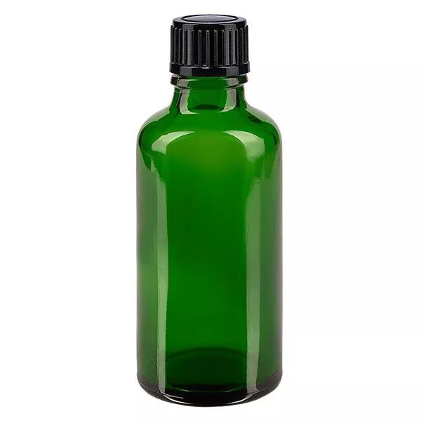 Groenen glazen flessen 50ml met zwart druppelsluiting 1mm St