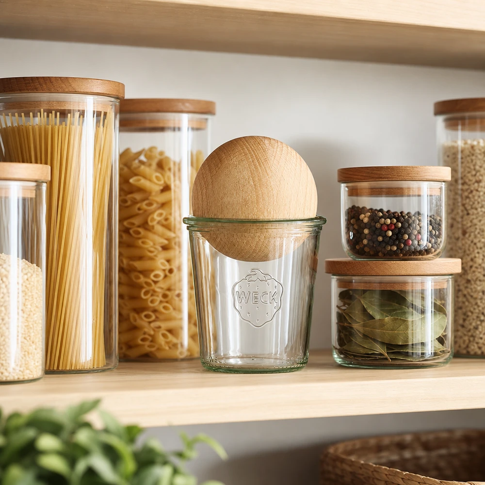 WECK pot 290ml RR80 met beukenhouten bol in georganiseerde voorraadkast tussen kruiden- en pastabakjes
