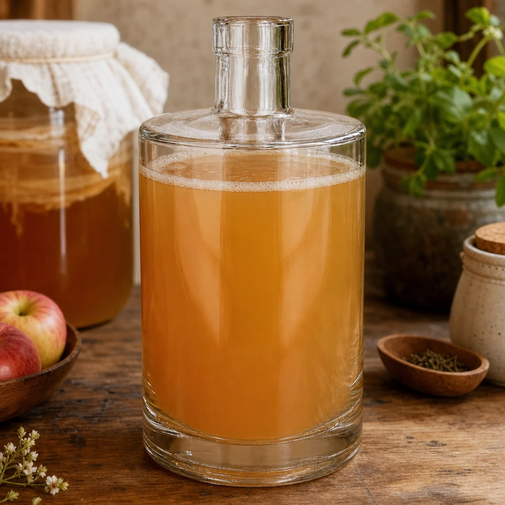 700 ml glazen fles Marie zonder sluiting UNiTWIST® 700ml Glasflasche Marie mit goldener Flüssigkeit befüllt in rustikaler Küche neben Äpfeln und Gewürzen dekoriert