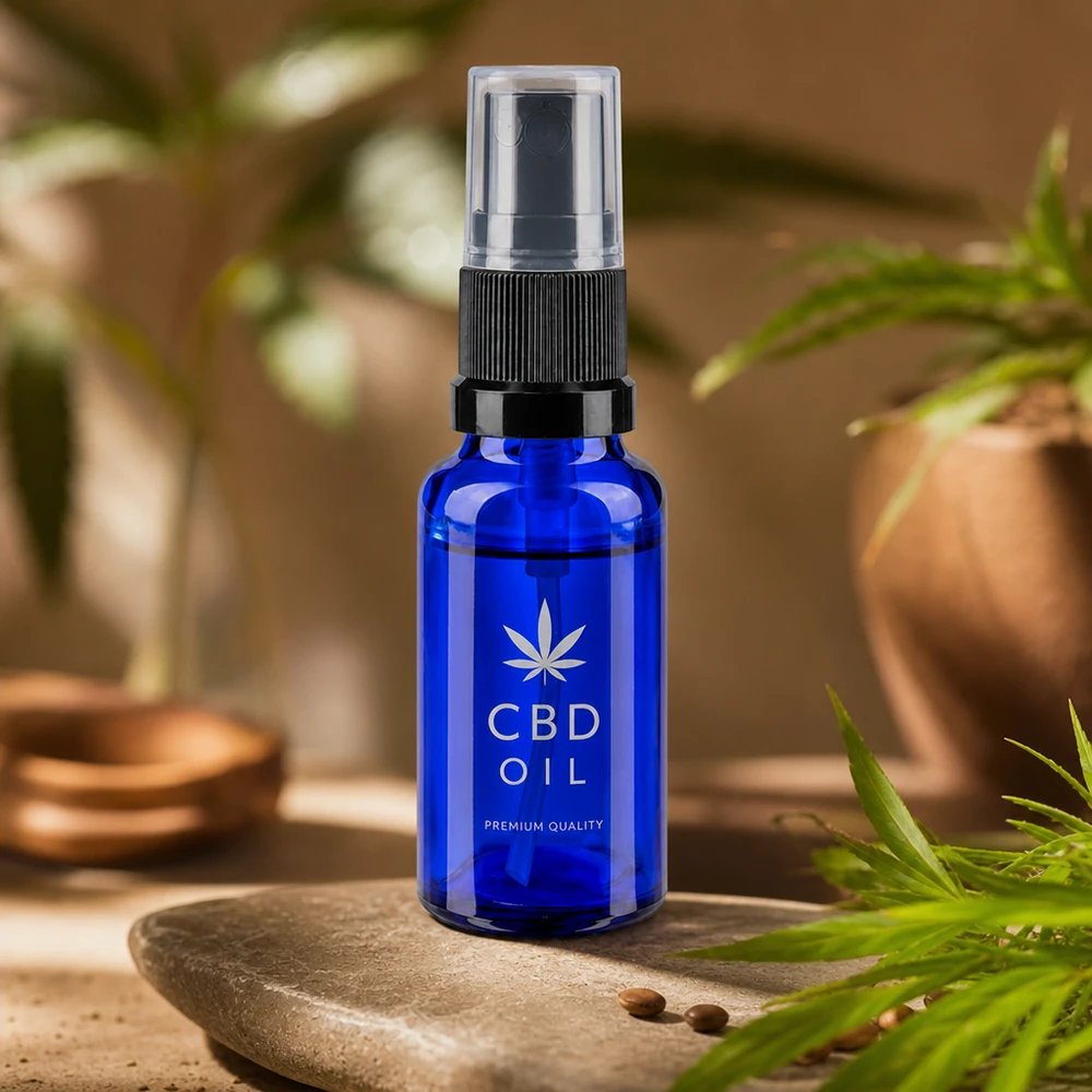 Blauwe glazen flessen 20ml met zwart pompverstuiver Blauwe spuitfles van 20 ml van boorsilicaatglas met ergonomisch verstuivingsmechanisme