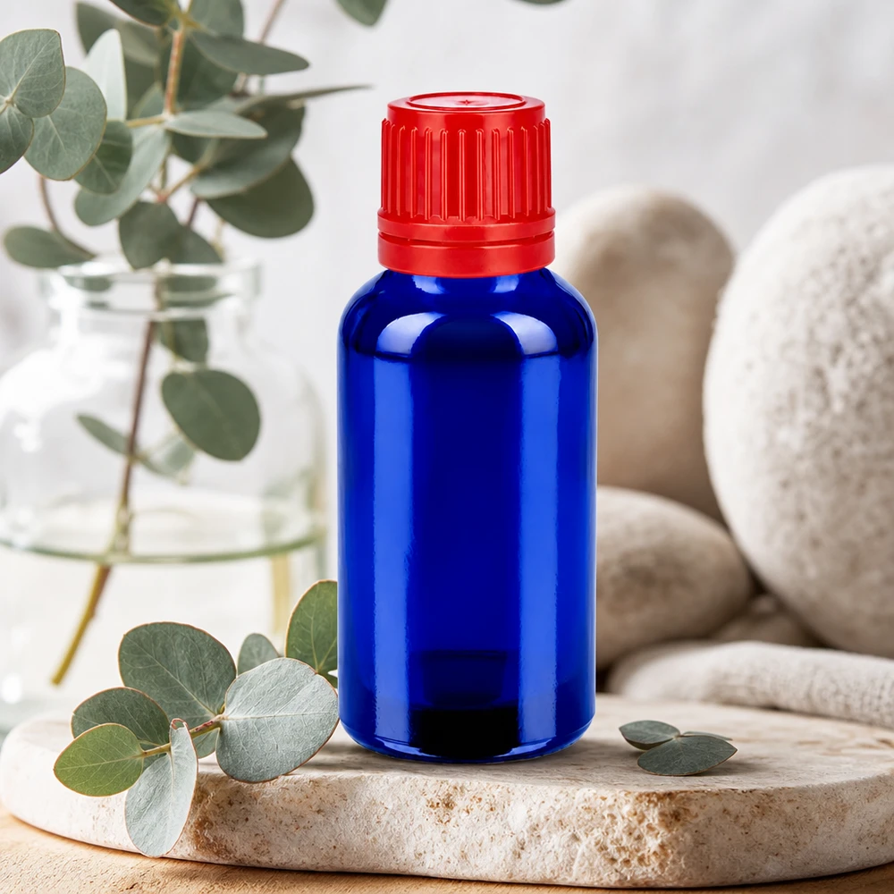 30ml apothekersflesje van donkerblauw glas met verzegelbare sluiting voor kwaliteitsproducten