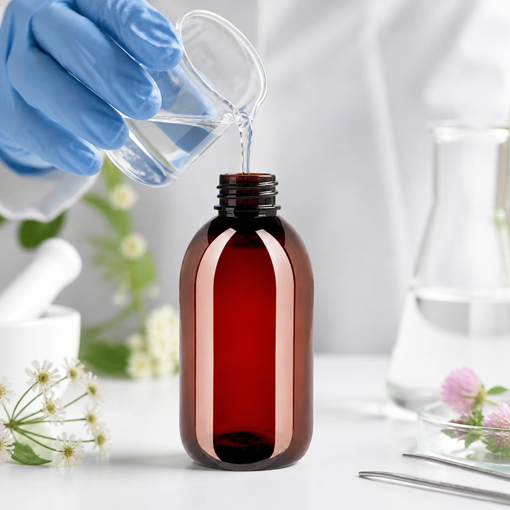 PET-fles 250 ml met witte flip-top dop. Stevige PET-fles met brede hals van 250 ml in donkerbruin voor lichtgevoelige stoffen