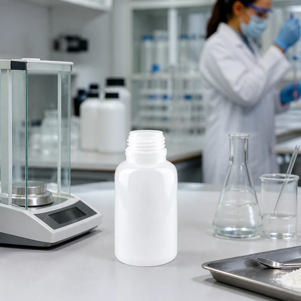 Compacte laboratoriumfles van 250 ml met brede hals in wit voor het veilig bewaren van laboratoriumstoffen