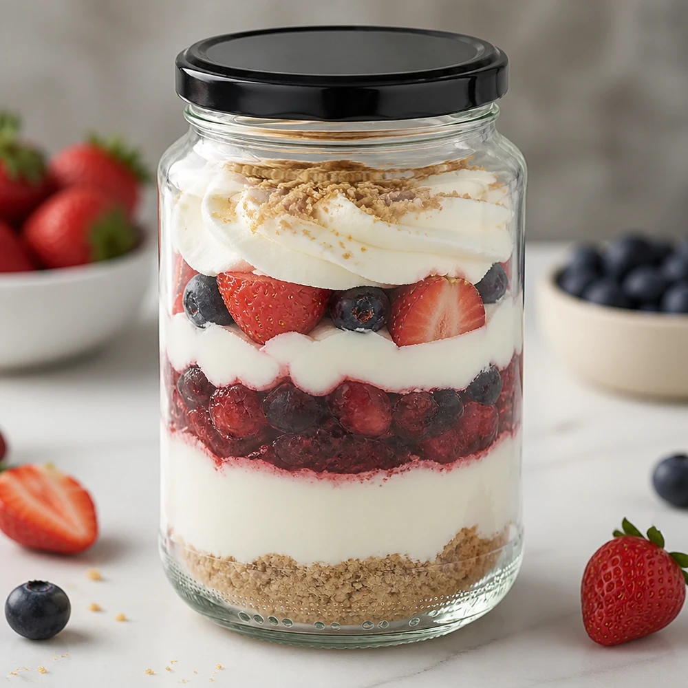 375 ml rond glas met zwart deksel als dessertglas voor bessentrifle toont creatief gebruik als portieglas