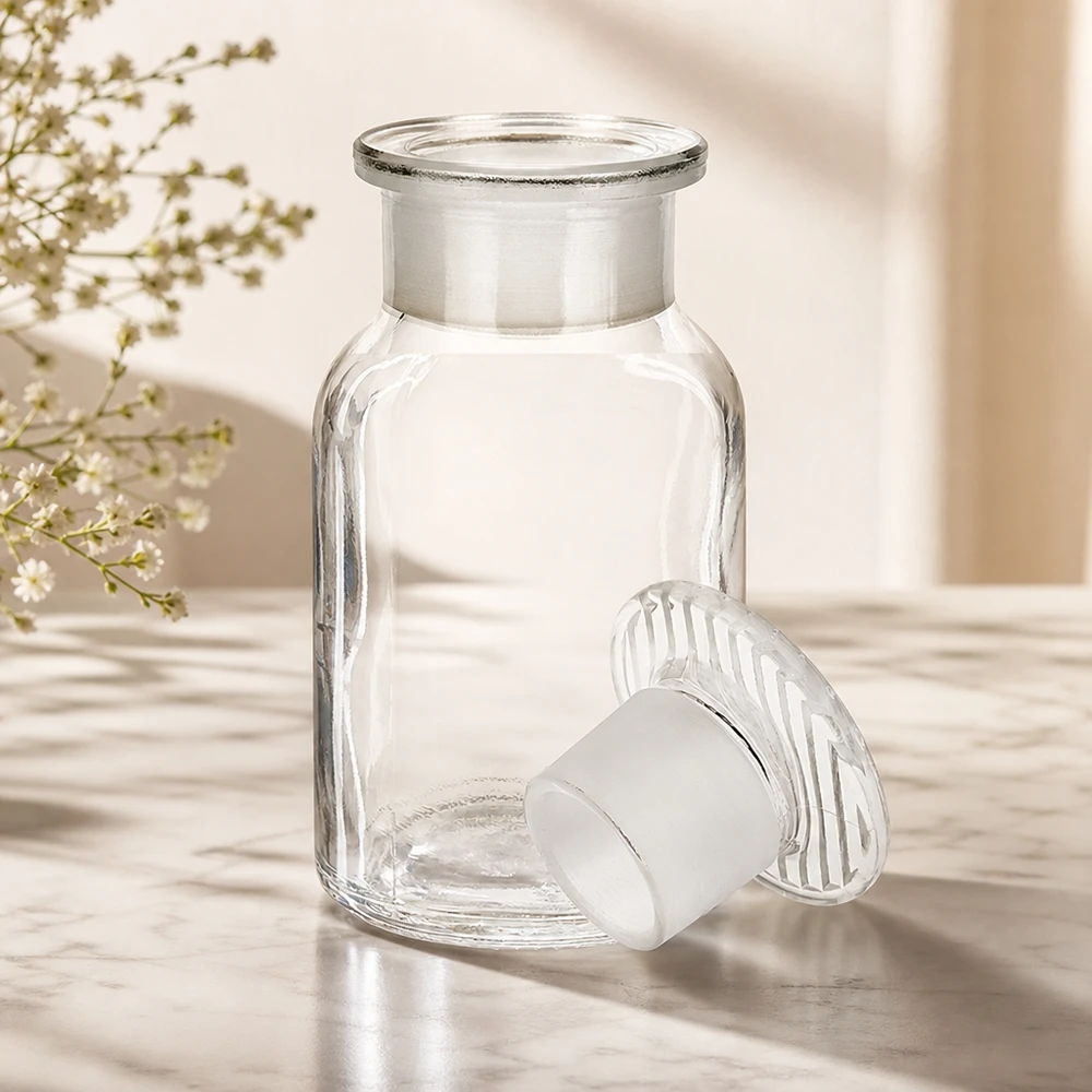 Veelzijdige glazen fles van 100 ml met brede hals en ronde schouders, voorzien van een verwijderbare glazen stop