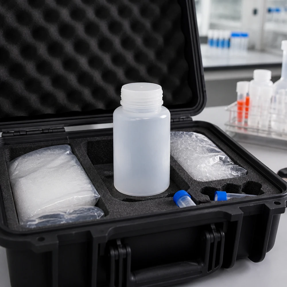 Melkachtig-doorzichtige laboratoriumfles met brede hals van 1000 ml zonder deksel, in een professionele monsterkoffer