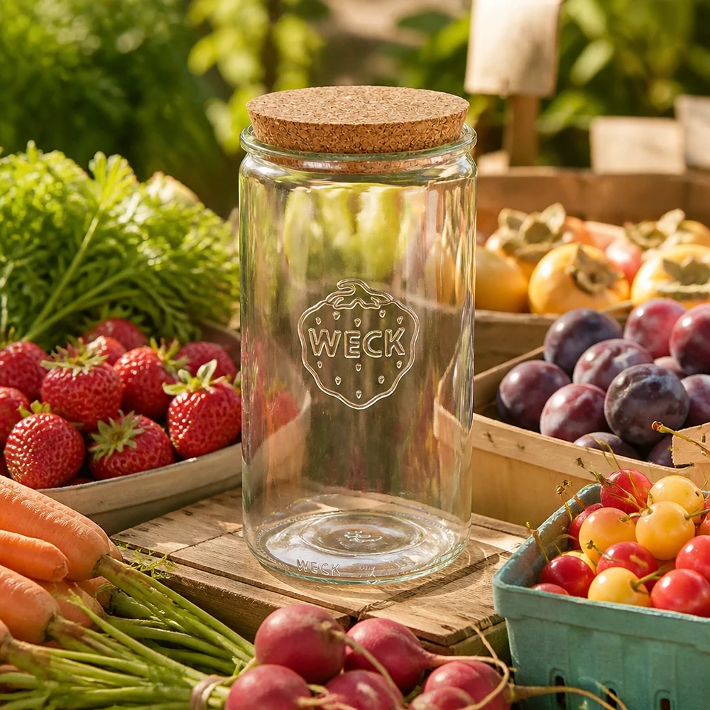 WECK cilinderpot 1590ml RR100 leeg met kurken deksel omringd door vers fruit en groenten op een houten basis