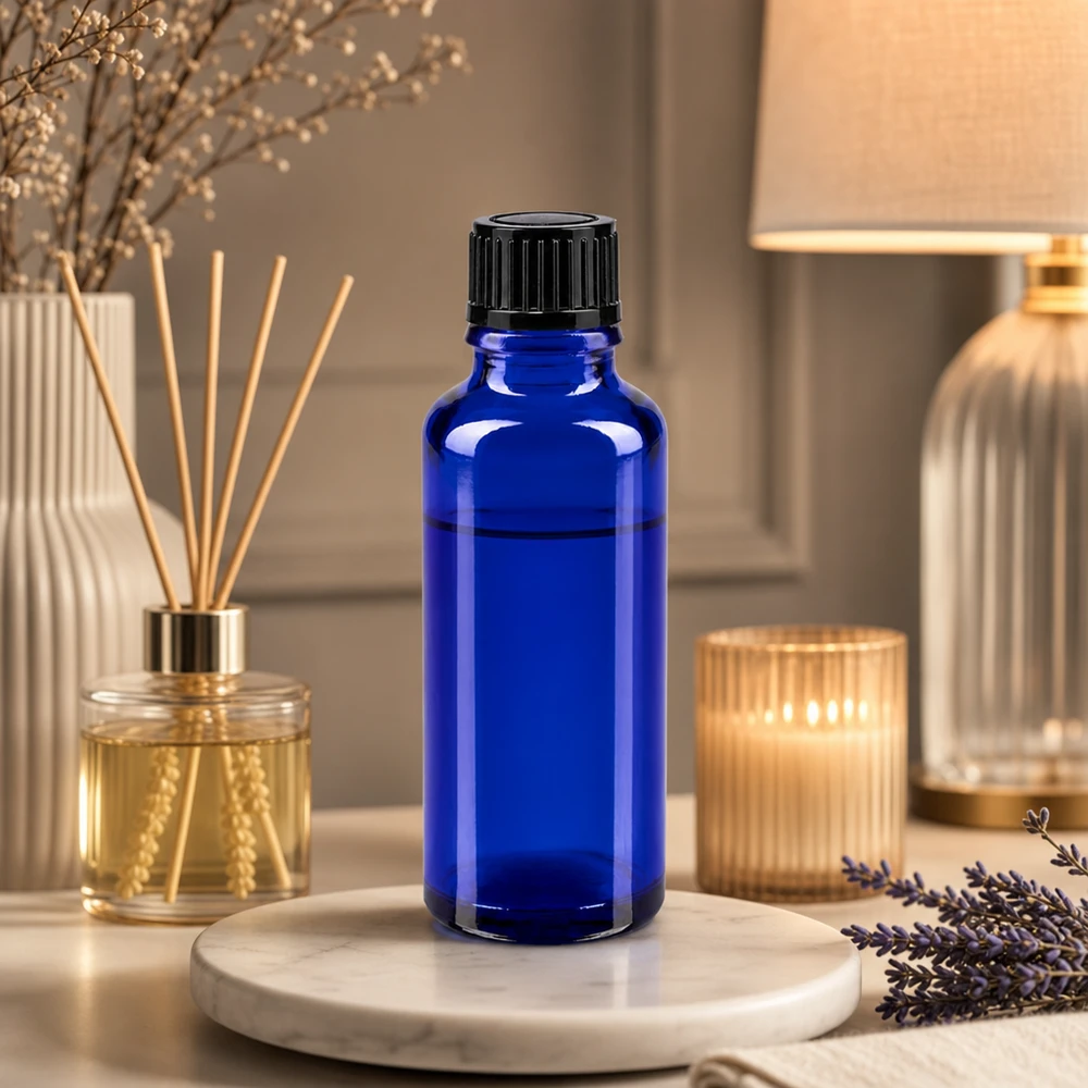 STD-druppelflesje van blauw apothekersglas, 30 ml, met nauwkeurige doseeropening van 1 mm, zwart