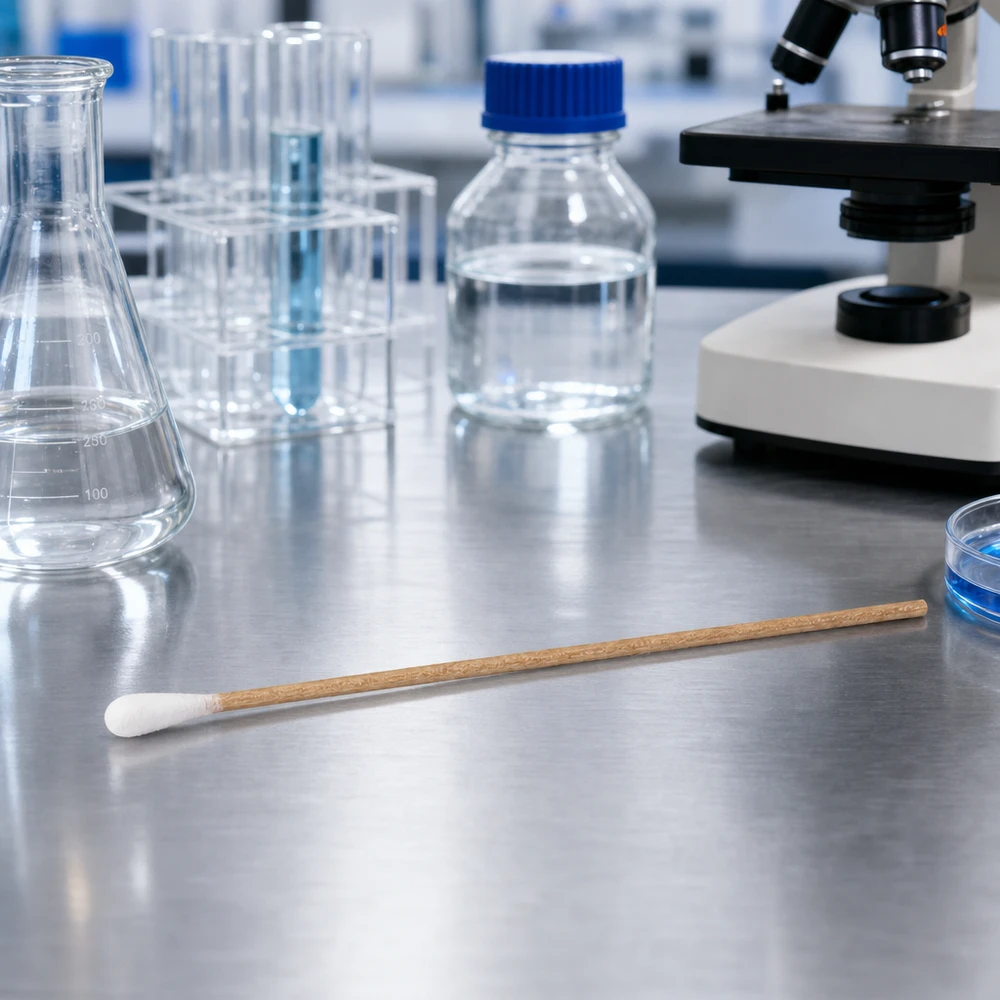 Niet-steriele wattenstaafjes met één punt, wit, op een laboratoriumtafel naast een petrischaal en een glazen fles