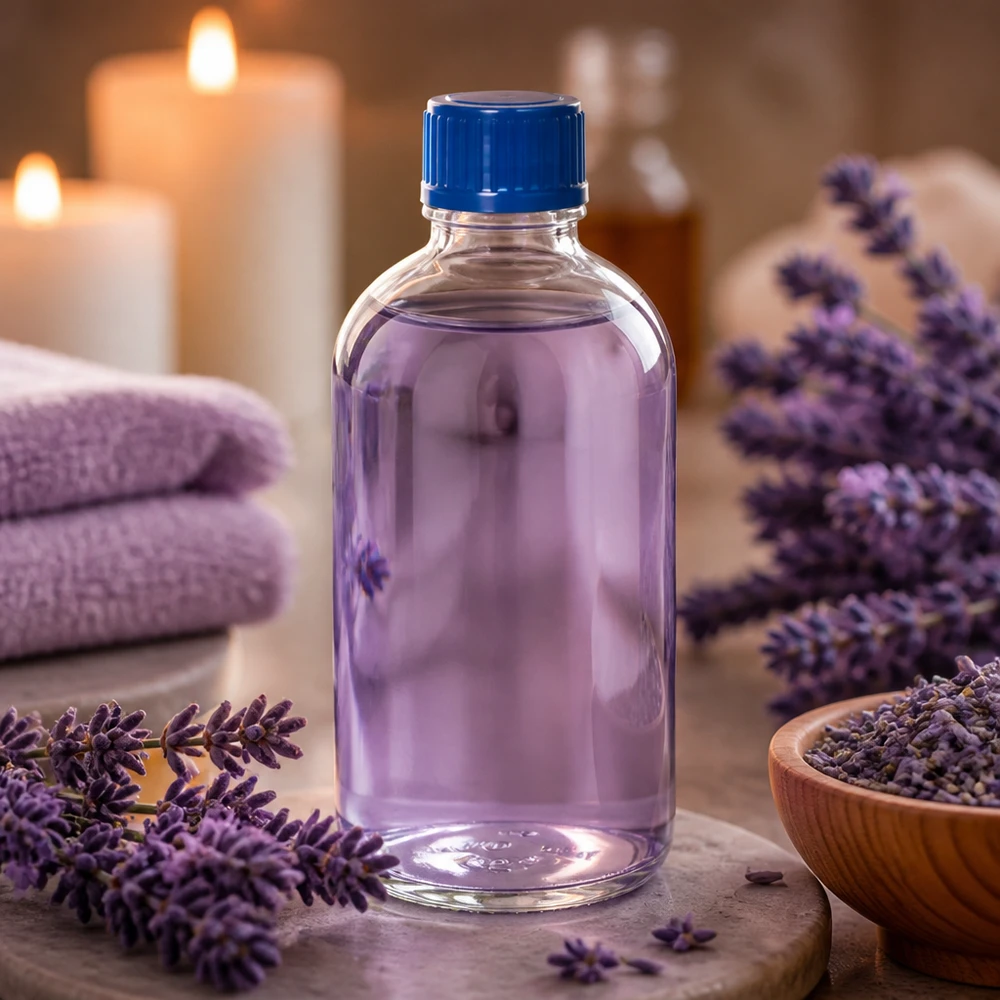 Bewaarflesje voor lavendelolie 100 ml, helder glas, blauwe dop, ClearLine UT18, aromatherapie