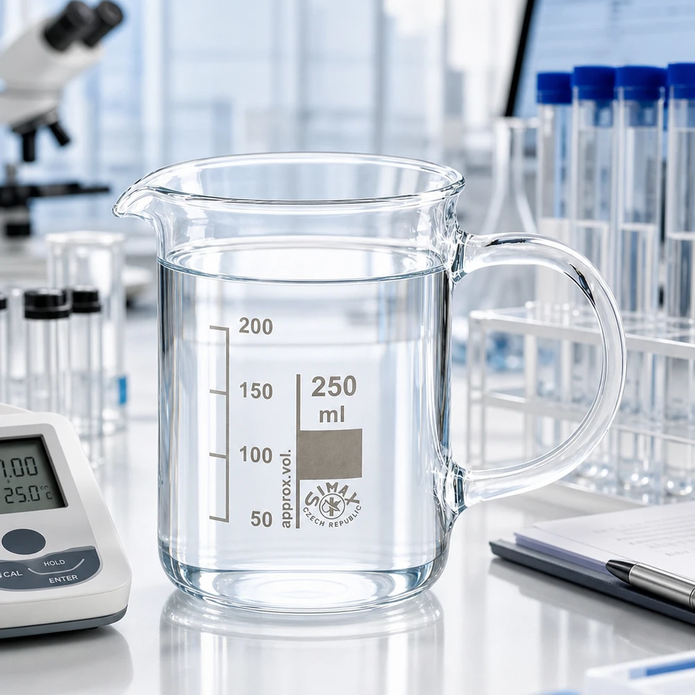 Becherglas met handvat, 250 ml, borosilicaatglas, naast een reageerbuisstandaard en laboratoriumaantekeningen