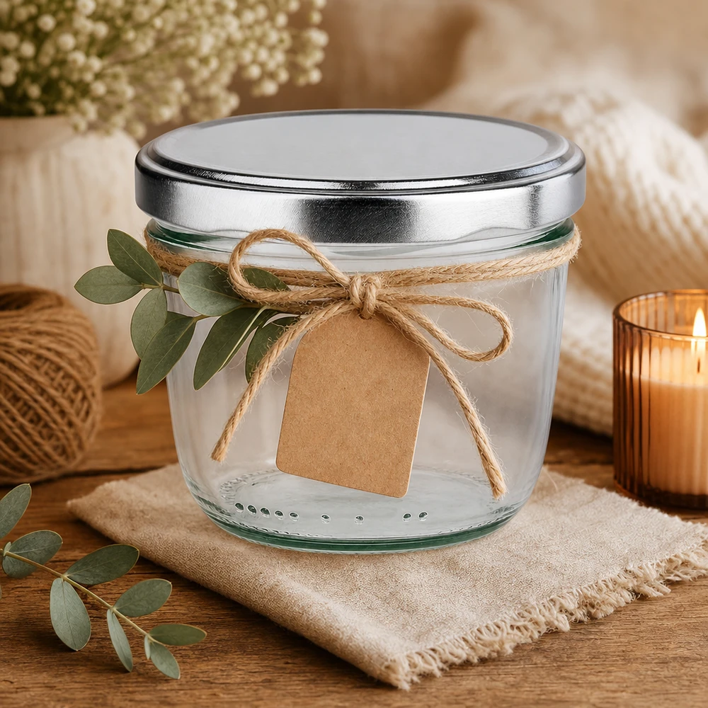 230ml bekers met BasicSeal deksel zilver UNiTWIST 230ml bekers zilver BasicSeal deksel decoratief met jute strik kraftpapier label cadeau-idee rustiek