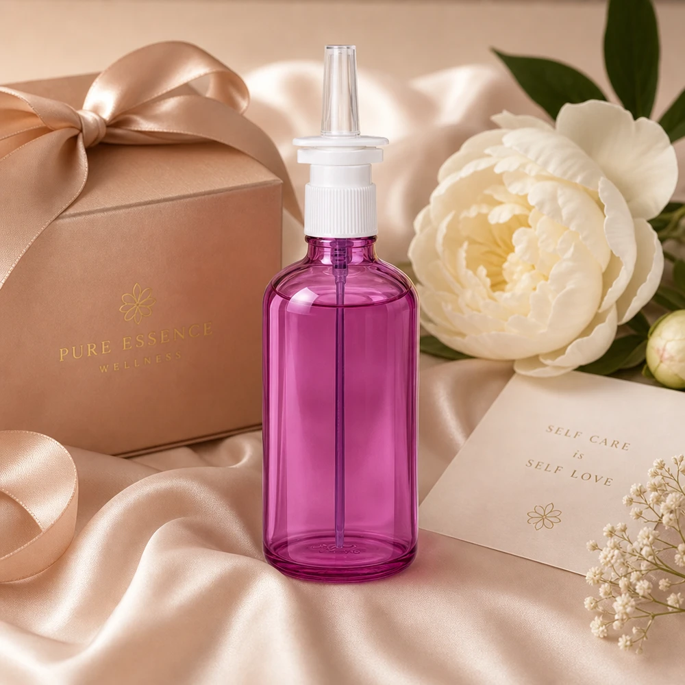 Transparant paars flesje van 100 ml met witte pompverstuiver, ideaal voor zelf gemengde neussprays