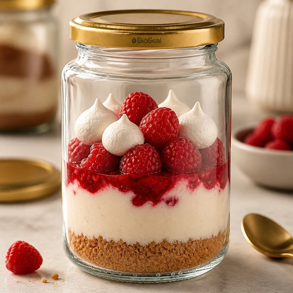 UNiTWIST Runda382 als dessertpotje met frambozen en meringue, gouden TO66 BioSeal deksel, gelaagd dessert in een potje