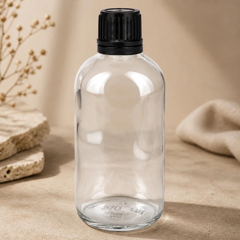 Apothekersfles van 100 ml, helder glas, met kindveilige schroefdop in zwart