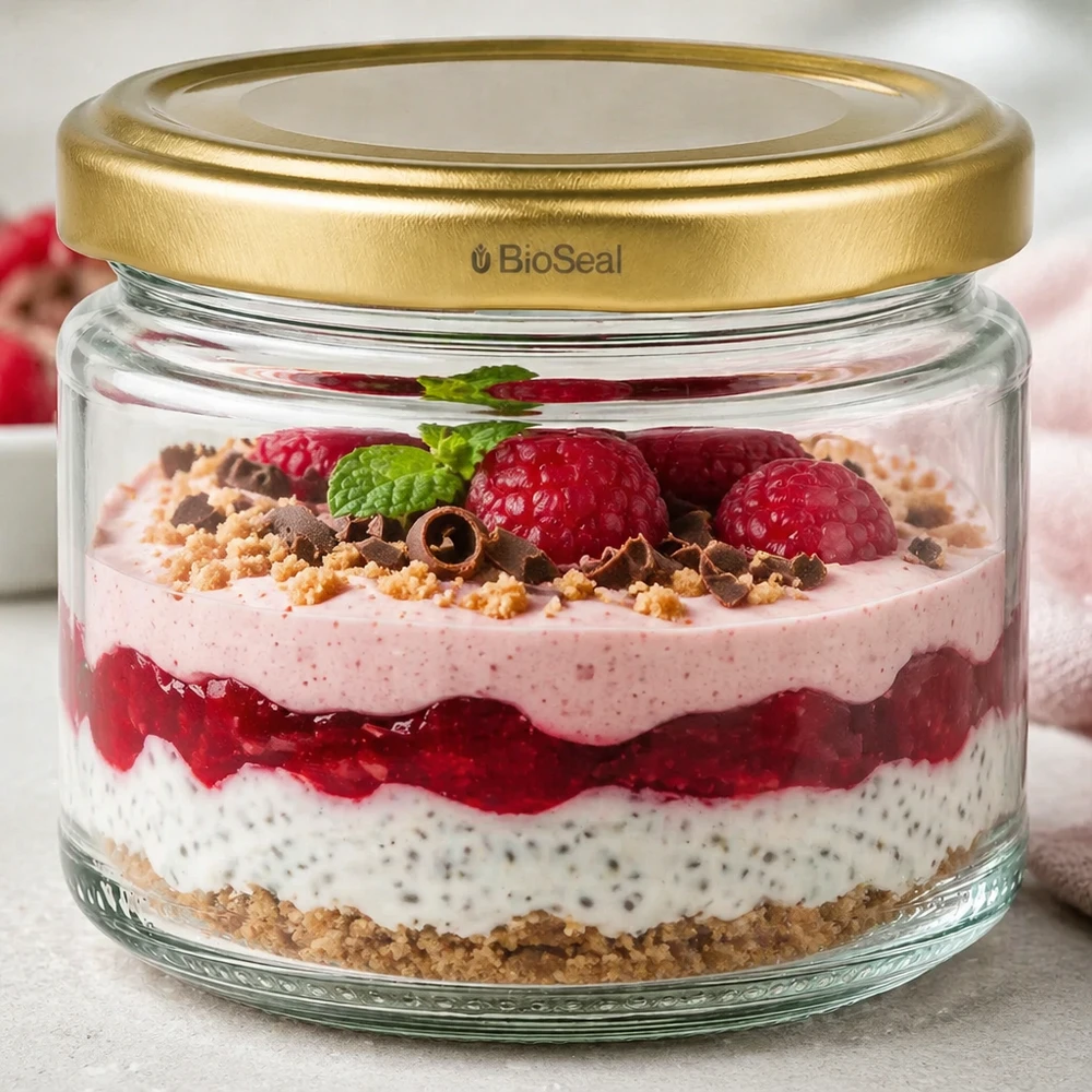 330ml rond glas met BioSeal deksel goud UNiTWIST UniTWIST Runda330 mit goldenem BioSeal Deckel als stylisches Dessertglas für Schichtdesserts und Parfaits im Alltag