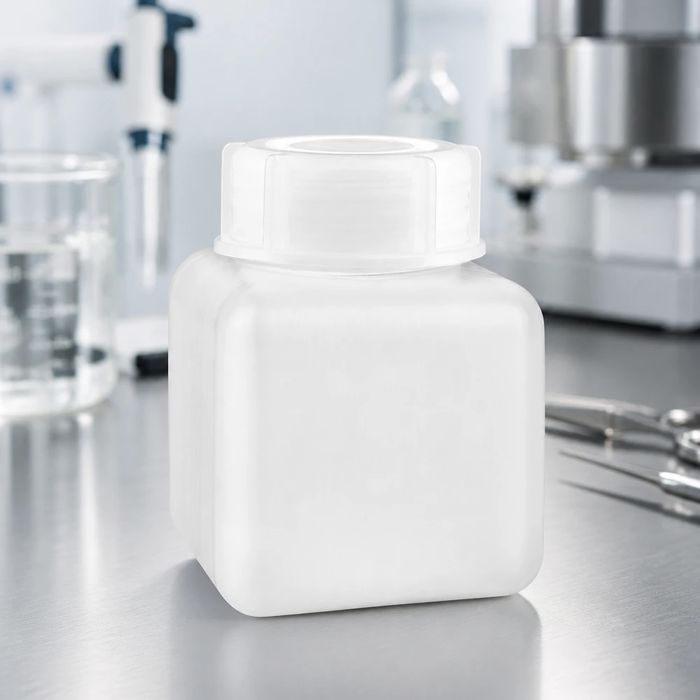 Chemicaliënfles 500 ml, wijde hals, incl. sluiting GL 65 Stevige kunststof fles van 500 ml met brede hals, PE-HD, naturel, voor het bewaren van chemicaliën
