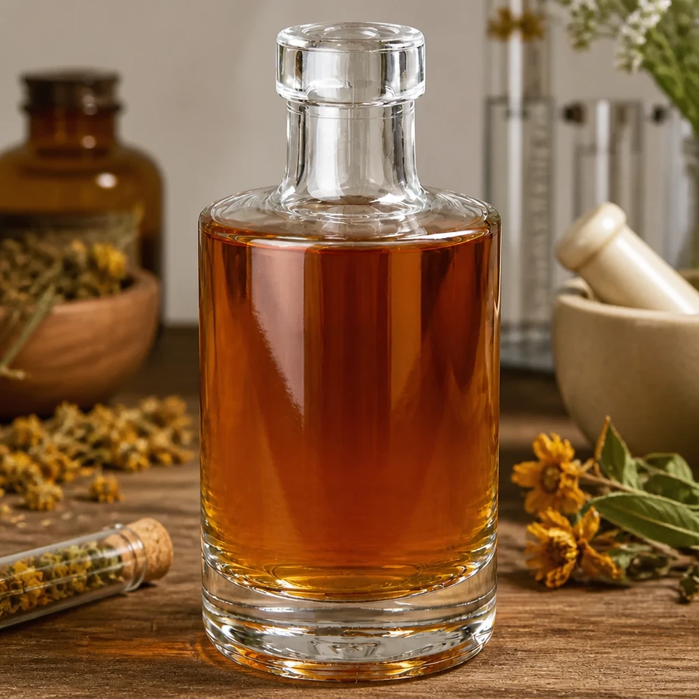 200 ml glazen fles Marie zonder sluiting UNiTWIST® 200 ml glazen fles Marie gevuld met amberkleurige olie apothekersstijl met gedroogde geneeskrachtige kruiden natuurlijke aroma's