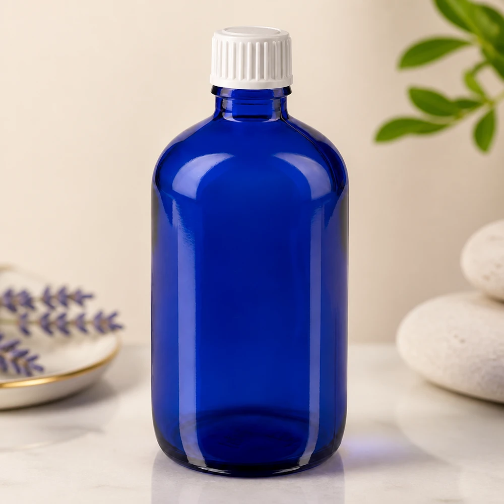 Blauwe glazen flessen 100ml met wit schroefsluiting St Lege blauwe apothekersfles van glas, 100 ml, voor tincturen, oliën en geneesmiddelen