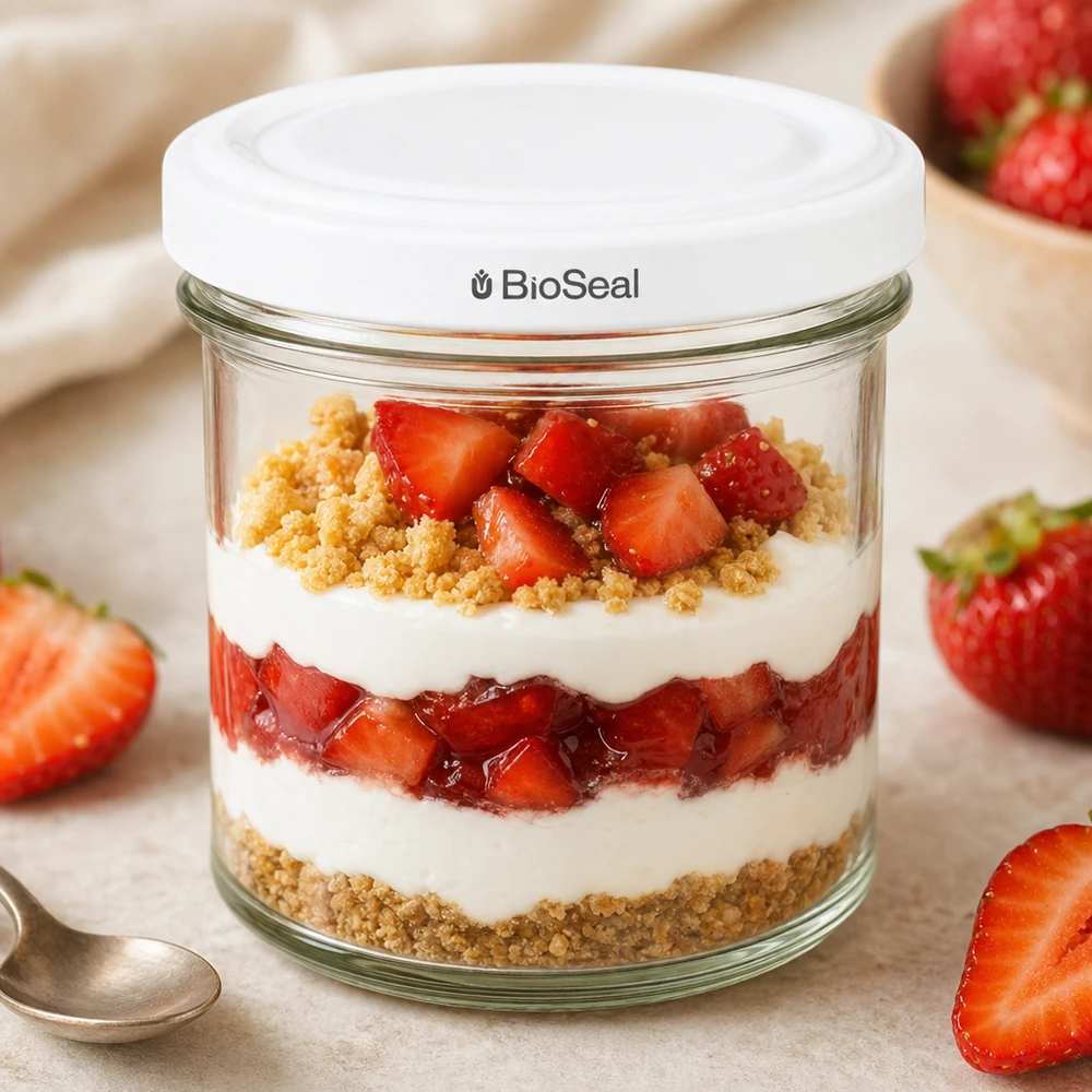 125ml bekers met BioSeal deksel wit UNiTWIST UNiTWIST 125ml gelaagde dessertpot aardbeien yoghurt biscuit basis TO66 BioSeal deksel dessertpot parfait