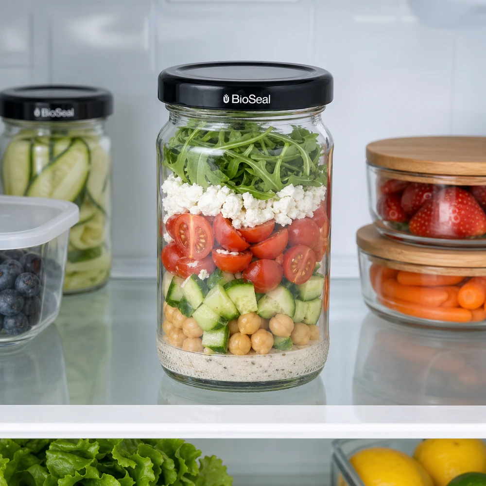UNiTWIST Runda110 gelaagde salade in de koelkast met zwart TO48 BioSeal deksel - Meal prep pot voor verse ingrediënten