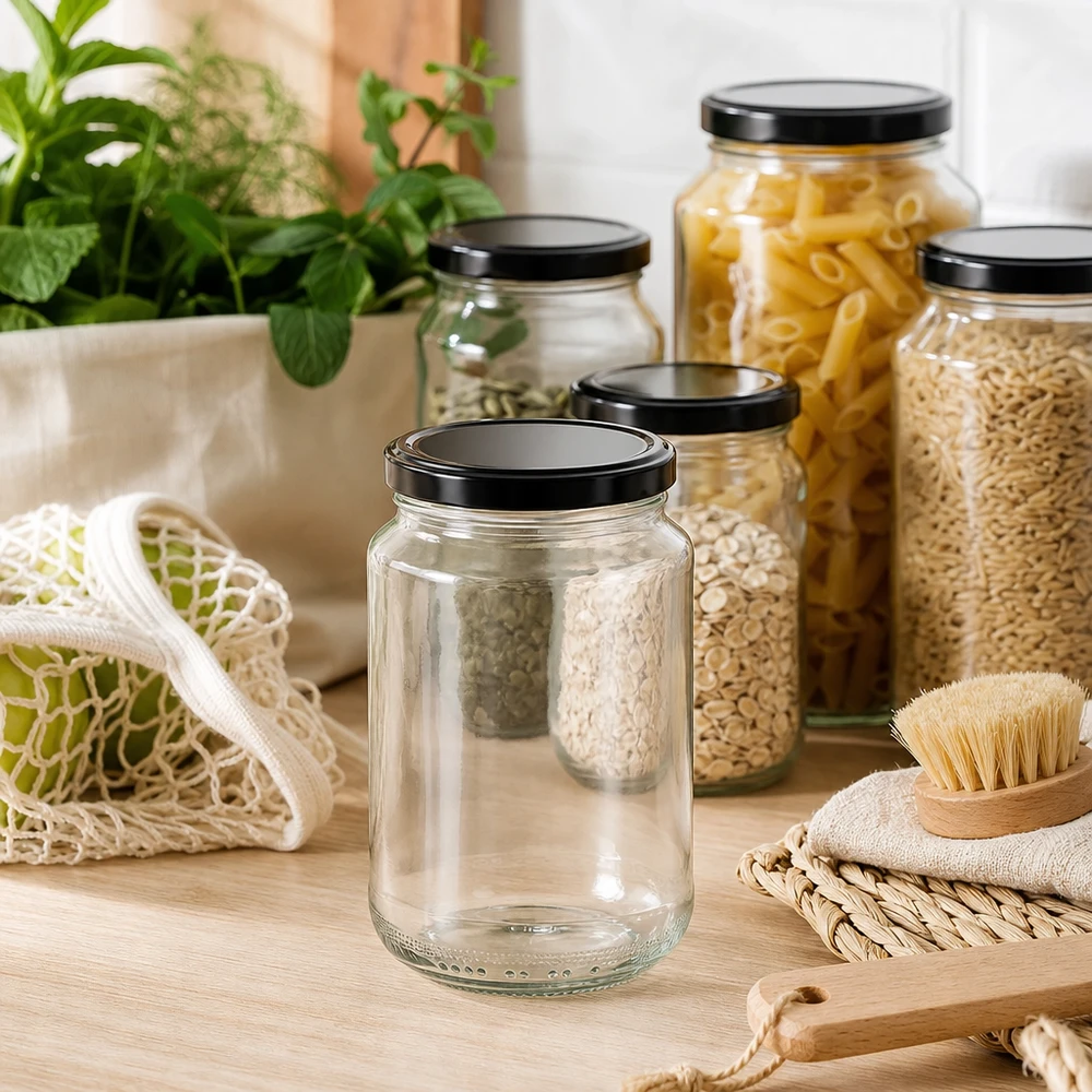 375ml rond glas met BasicSeal deksel zwart UNiTWIST 375ml ronde pot met zwart deksel in een duurzame keukenomgeving tussen voorraadpotten met pasta en ontbijtgranen