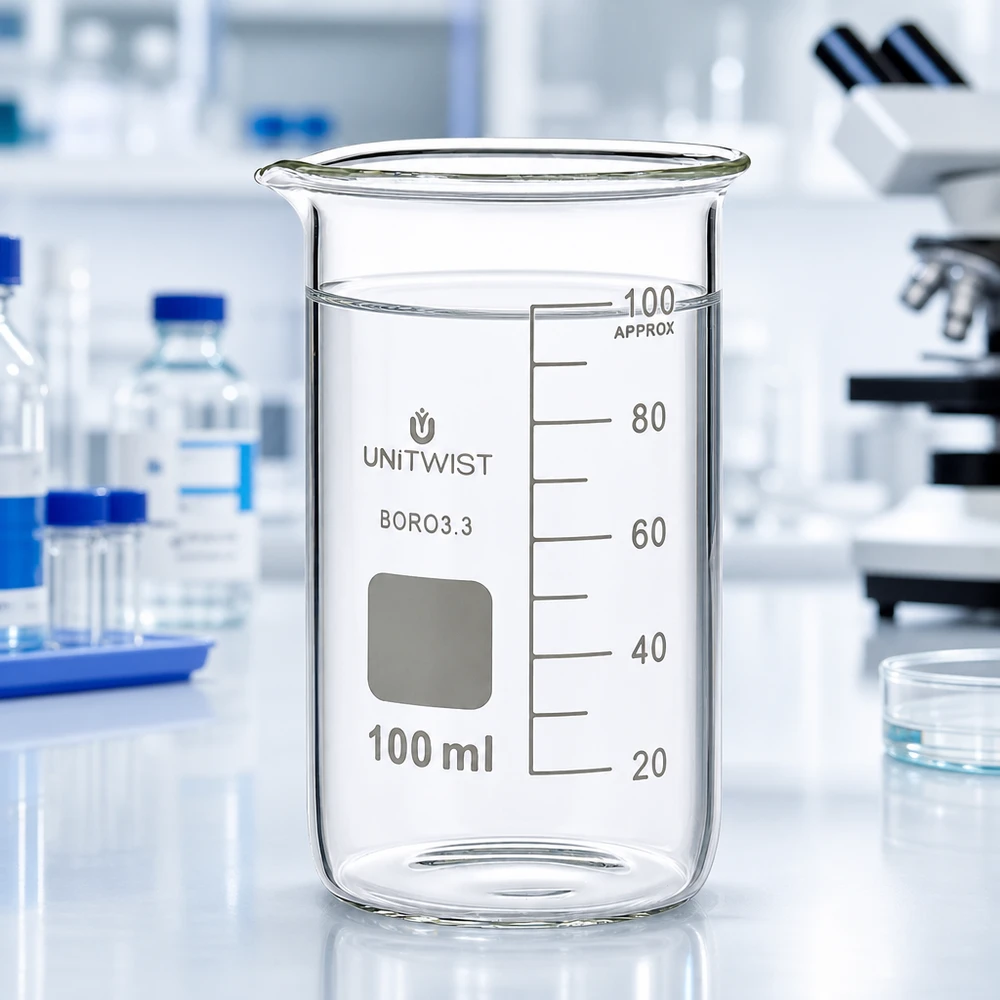 UNITWIST precisiebeker 100 ml, hoog model, borosilicaatglas met schaalverdeling tot 100 ml (ongeveer)