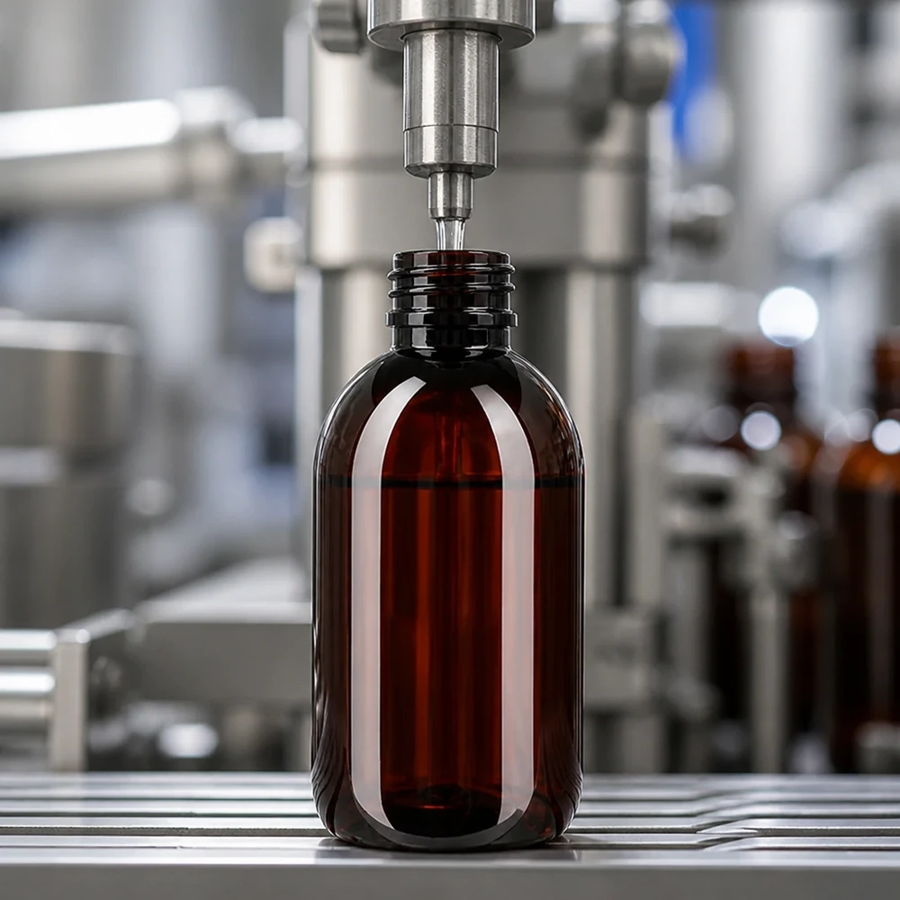 PET fles 250ml PP28 zonder dop Serieproductie van amberkleurige PET-flessen van 250 ml (PP28) op een afvullijn met roestvrijstalen machines