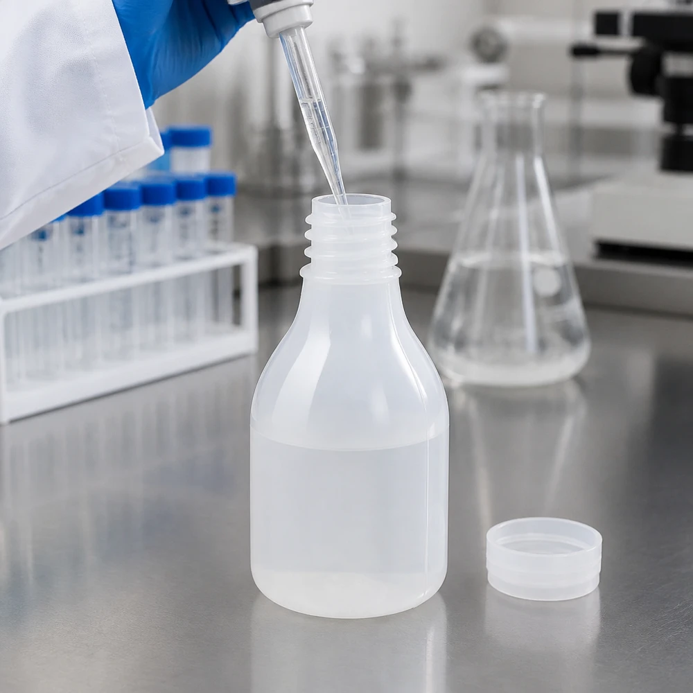 Nauwe hals laboratoriumfles 30ml zonder sluiting Melkwitte kunststof fles met smalle hals van 30 ml naast een Erlenmeyer-kolf in een cleanroomlaboratorium