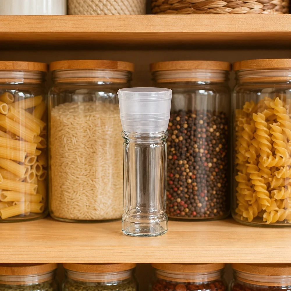 Kruidenpotje 100 ml Mühle Vario wit in de voorraadkast naast fusilli, penne en peperkorrels