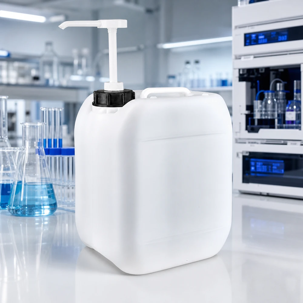 Voedselveilige vloeistofcontainer van 5 liter met pomp voor nauwkeurige dosering in het laboratorium