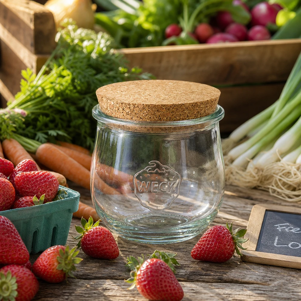 WECK voorraadpot 370ml RR80 met kurken stop gerangschikt tussen verse aardbeien en groenten op een houten tafel