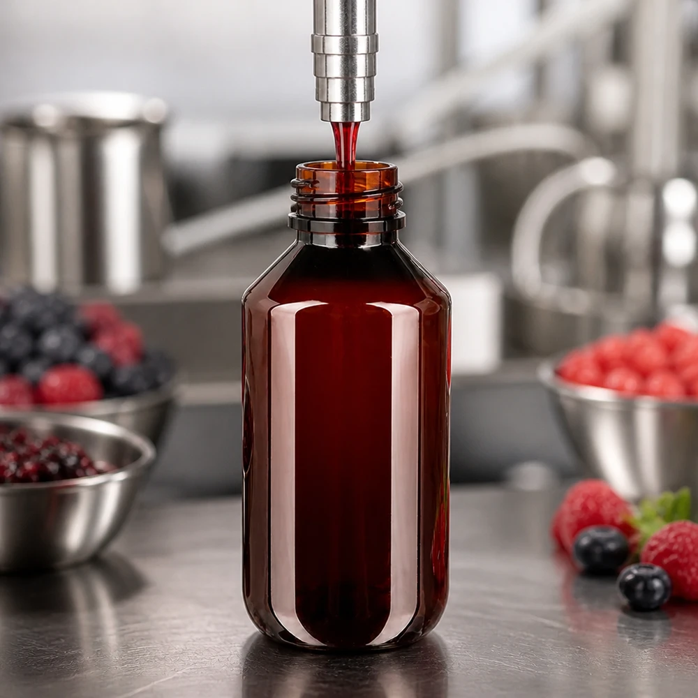 50 ml PET medicijnfles met verstuiver zwart GCMI 28/410 incl. dop transparant, standaard Voedselveilige PET-fles van 200 ml met rode veiligheidsdop voor bessensappen
