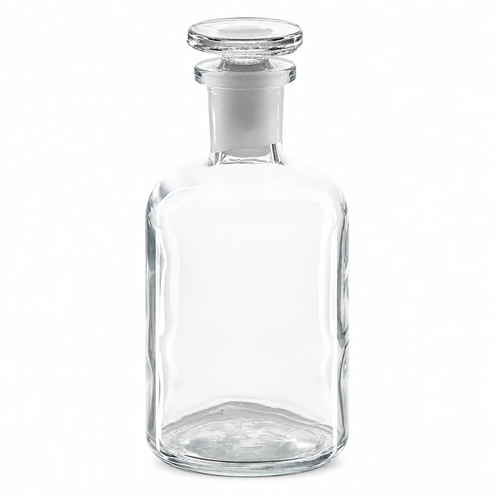 Apothekersfles 100 ml, helder glas, fles met smalle hals en ronde schouders, voorzien van een glazen stop