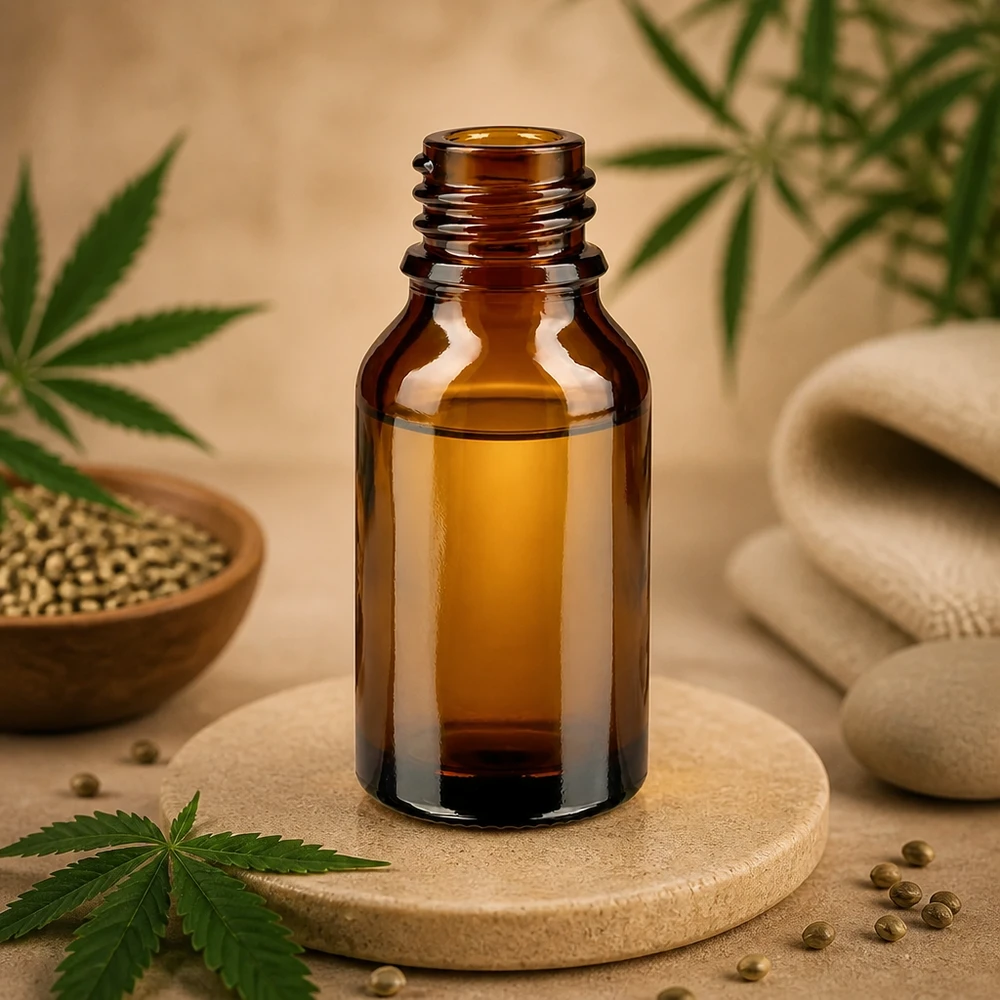30ml bruin apothekersflesje hoge vorm ApoGlas op houten onderzetter met cannabis hennepzaad natuurlijke oliën wellness