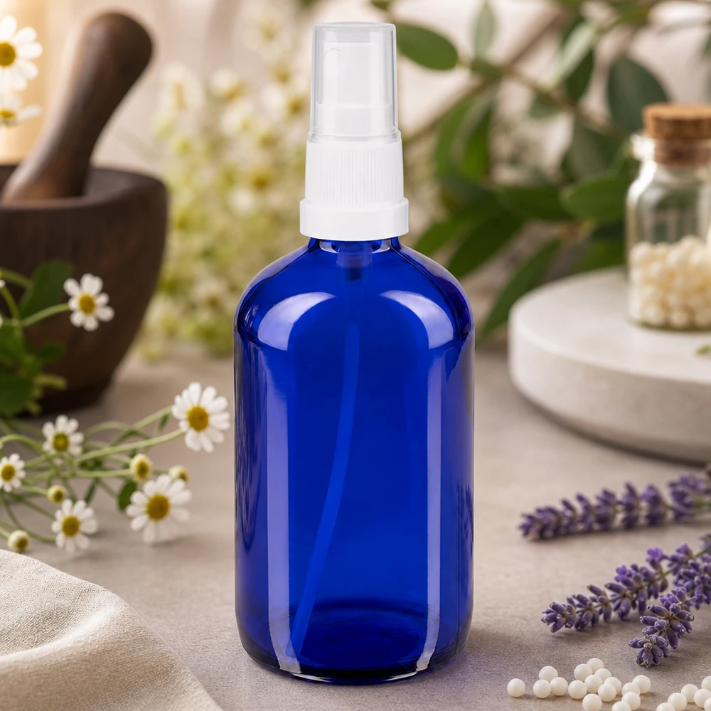 Blauwe glazen flessen 100ml met wit pompverstuiver Blauw apothekersglas van 100 ml met verstuiver, omringd door lavendel, kamille en geneeskrachtige planten
