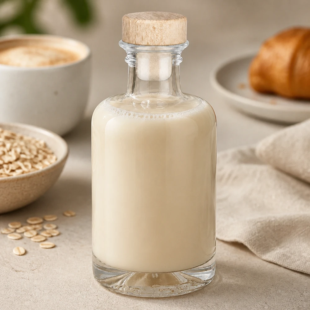 100 ml apothekersfles Sofia met houten handvat en kurk UNiTWIST® 100ml Glasflasche Sofia mit Holzkorken gefüllt mit cremiger Hafermilch neben Haferflocken und Croissant Frühstücksszene