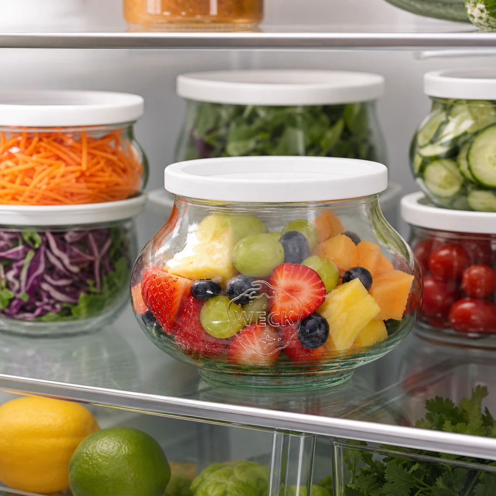 WECK decoratieve pot 560ml RR80 met fruitsalade in de koelkast naast andere voorraadpotten met groenten en salade