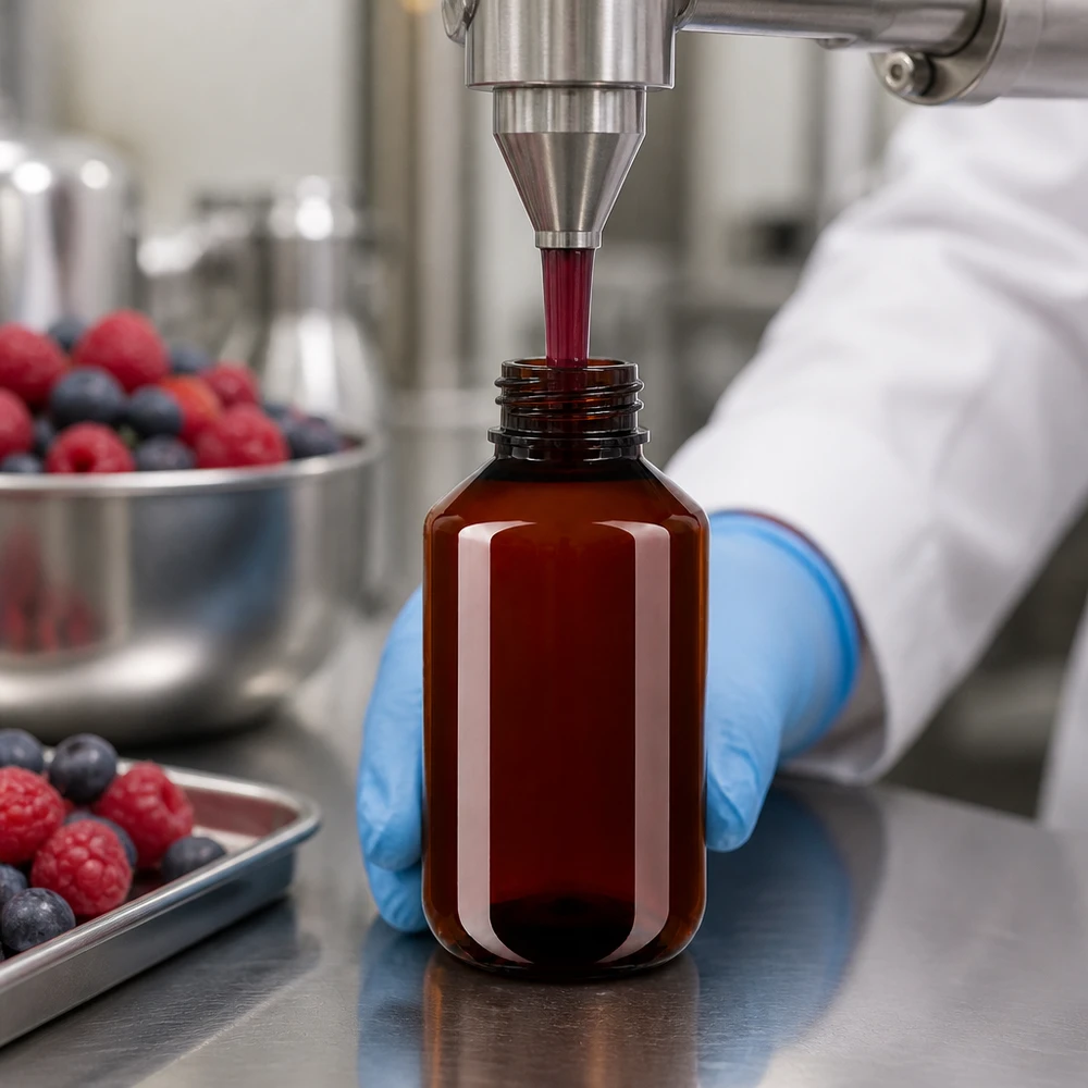 Een technicus met beschermende handschoenen vult een amberkleurige PET-fles van 100 ml met fruitconcentraat
