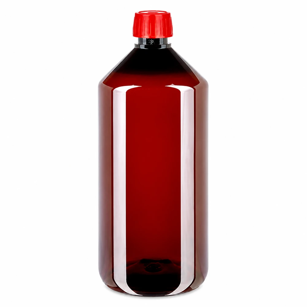 PET fles 1000ml met ontgassingsdop rood Cilindrische PET-fles met brede hals, 1 liter, bruin, met rode ontgassingsdop, leeg