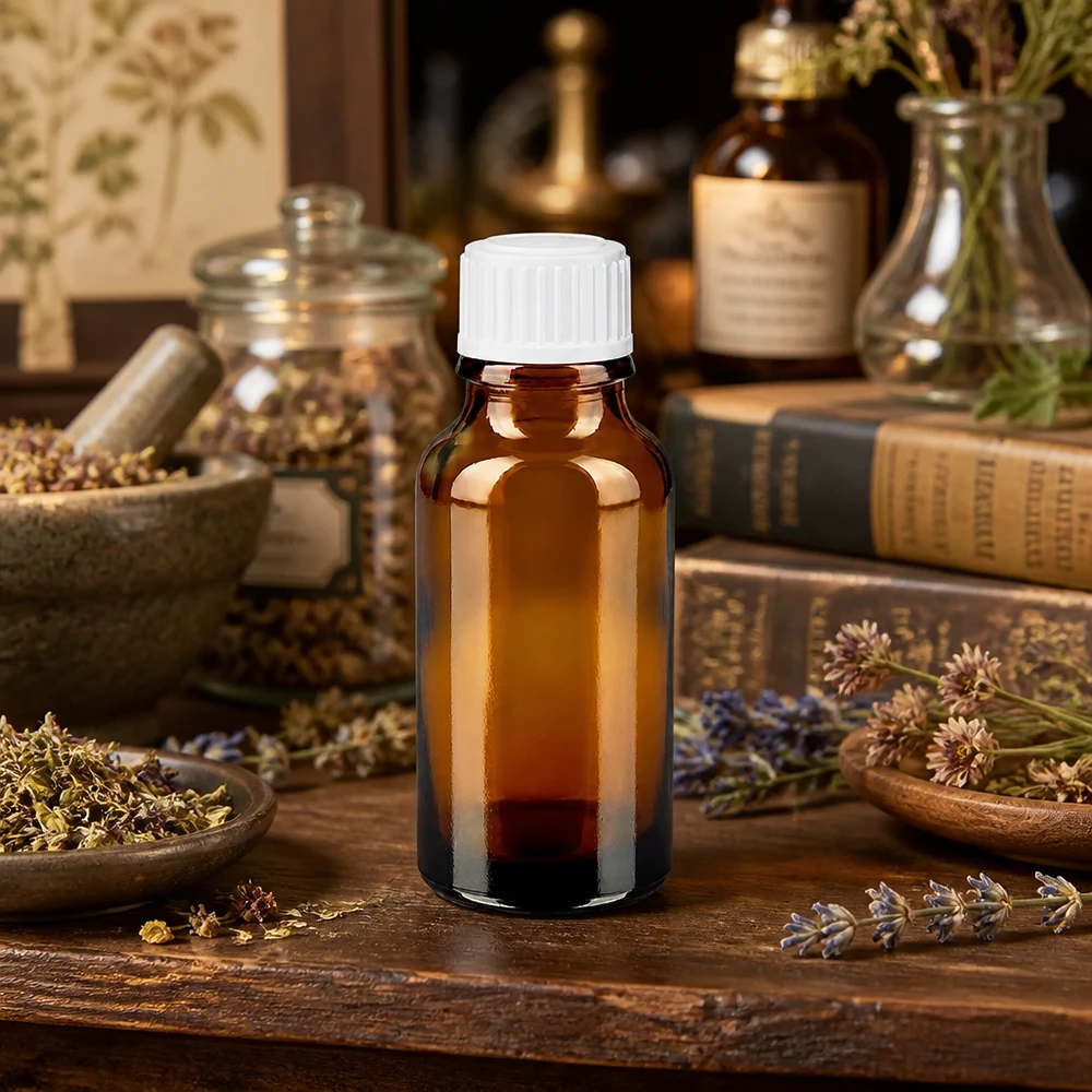 Bruine glazen fles 20ml met wit schroefsluiting St Bruine glazen fles van 20 ml met witte verzegeling, ideaal voor het afvullen van tincturen en kruidenextracten