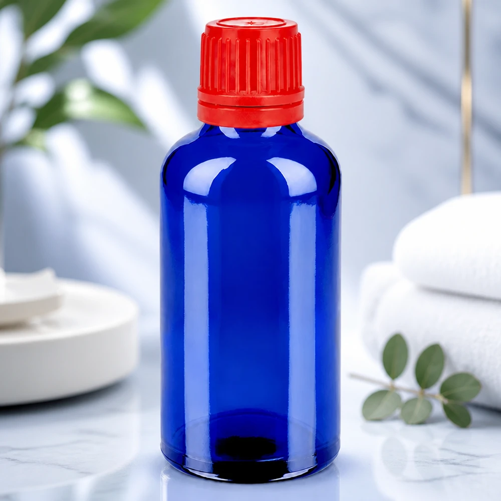 50ml fles 11mm SV rood OV BlueLine UT18/50 Laboratorium kwaliteit 50ml glazen fles blauw met veiligheidsdop SV 11mm OV BlueLine UT18/50