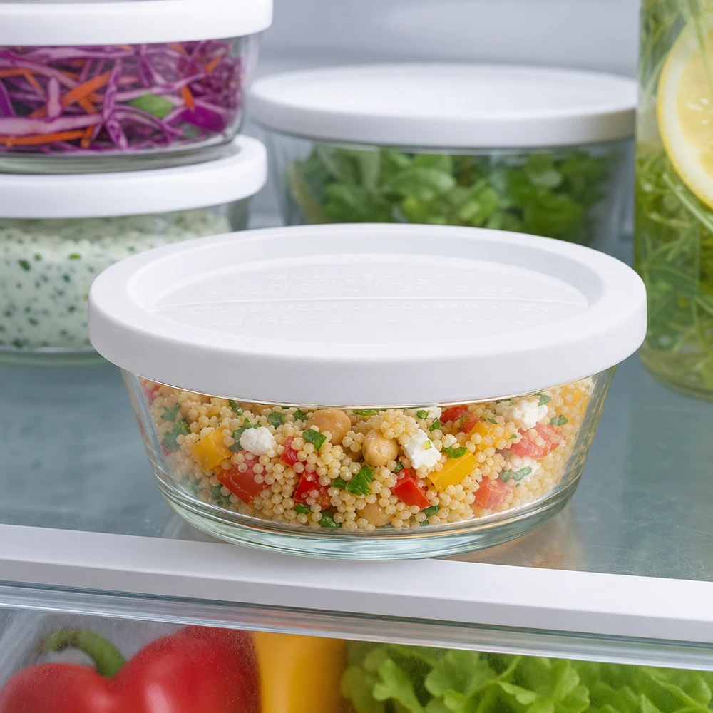 300ml gourmetglas met vershouddeksel WECK RR120 WECK RR120 gourmetpot 300ml in de koelkast gevuld met kleurrijke couscoussalade naast andere bewaarpotten
