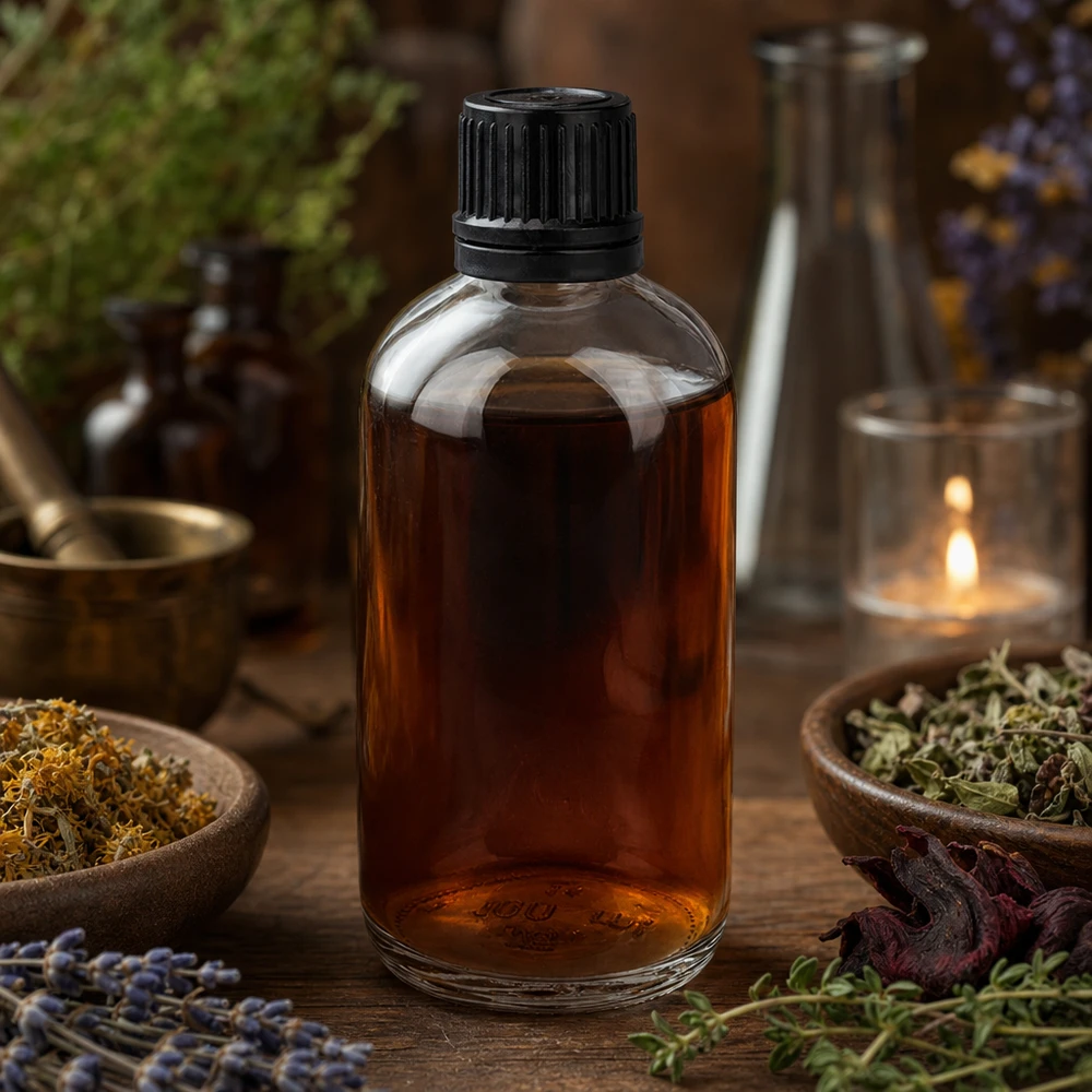 Bruine kruidentinctuur in een glazen fles van 100 ml, omringd door gedroogde geneeskrachtige kruiden en lavendel
