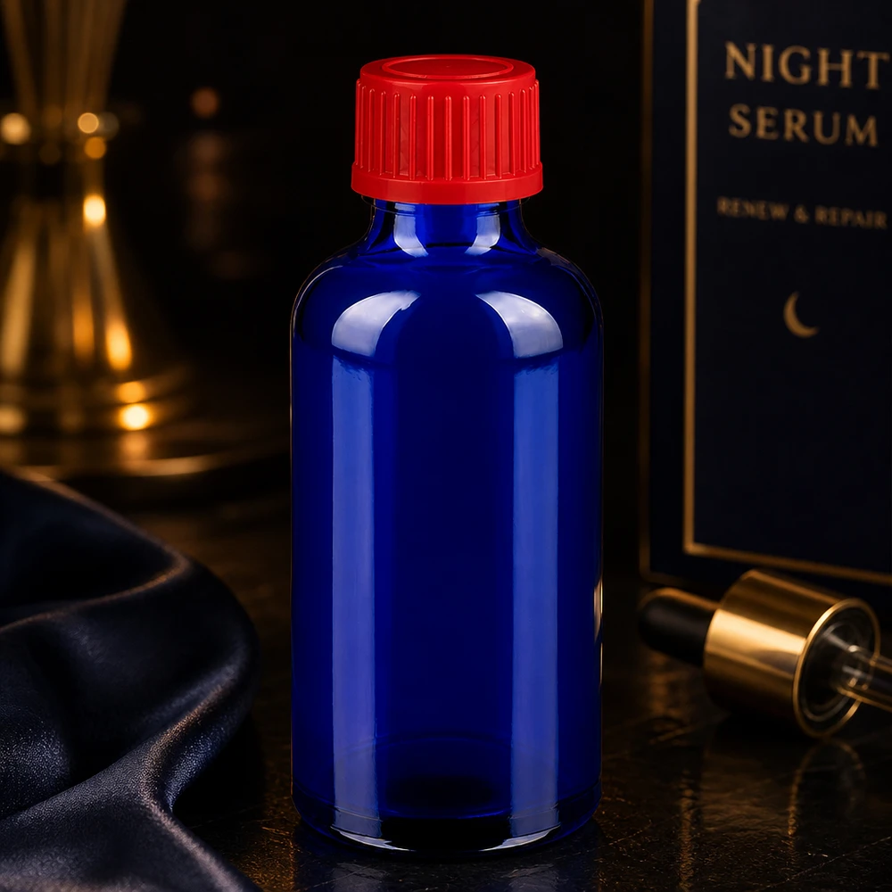 Apothekersfles 50ml UT18/50 met UV-bescherming door blauw glas en originele rode dop