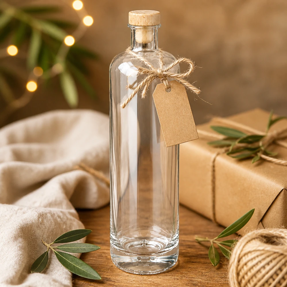 700ml glazen fles Ella leeg met houten kurk en cadeaulabel in feestelijke kerstdecoratie met sprookjesverlichting