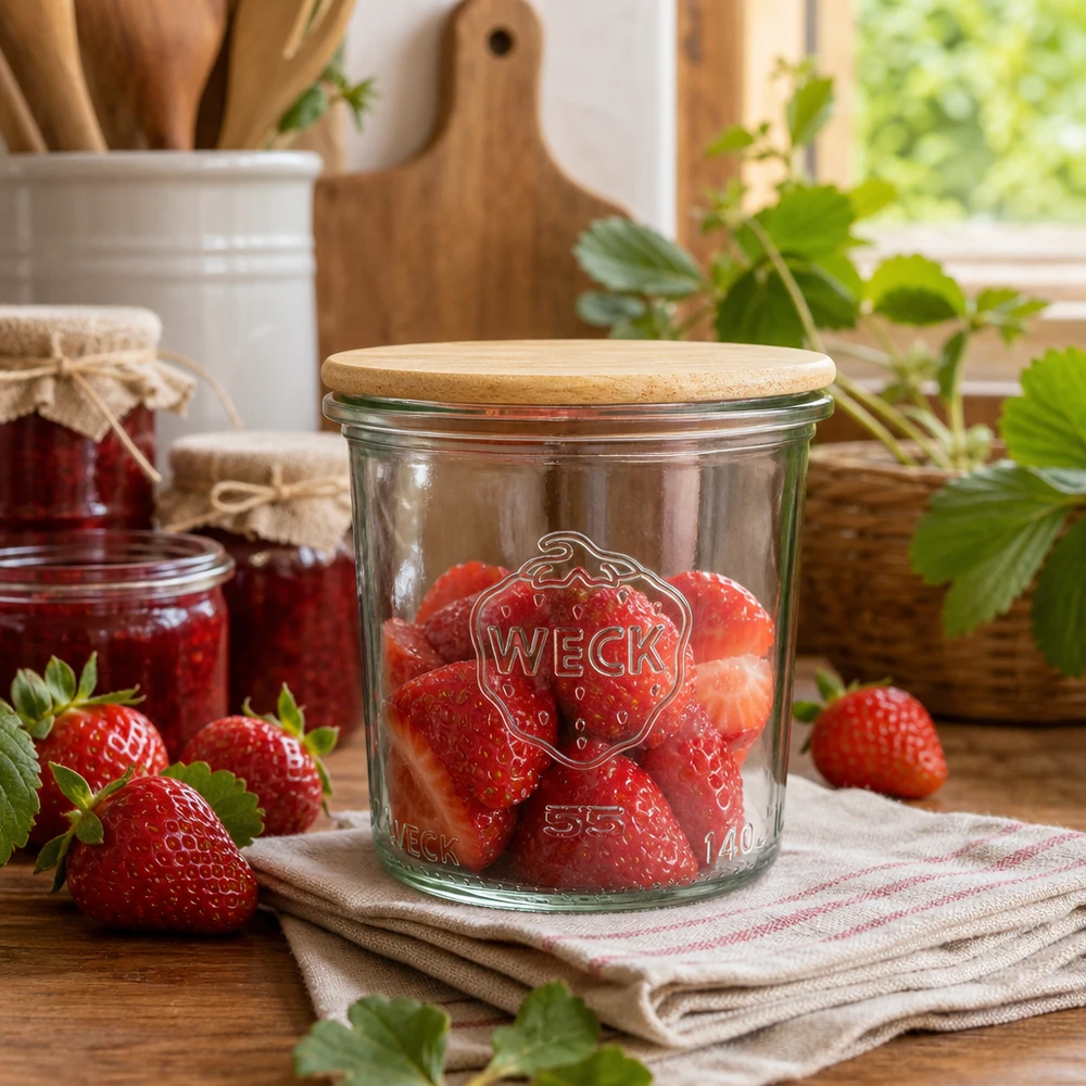 WECK RR60 bekers van 140 ml gevuld met verse aardbeien tonen praktisch gebruik in een rustieke keukenomgeving