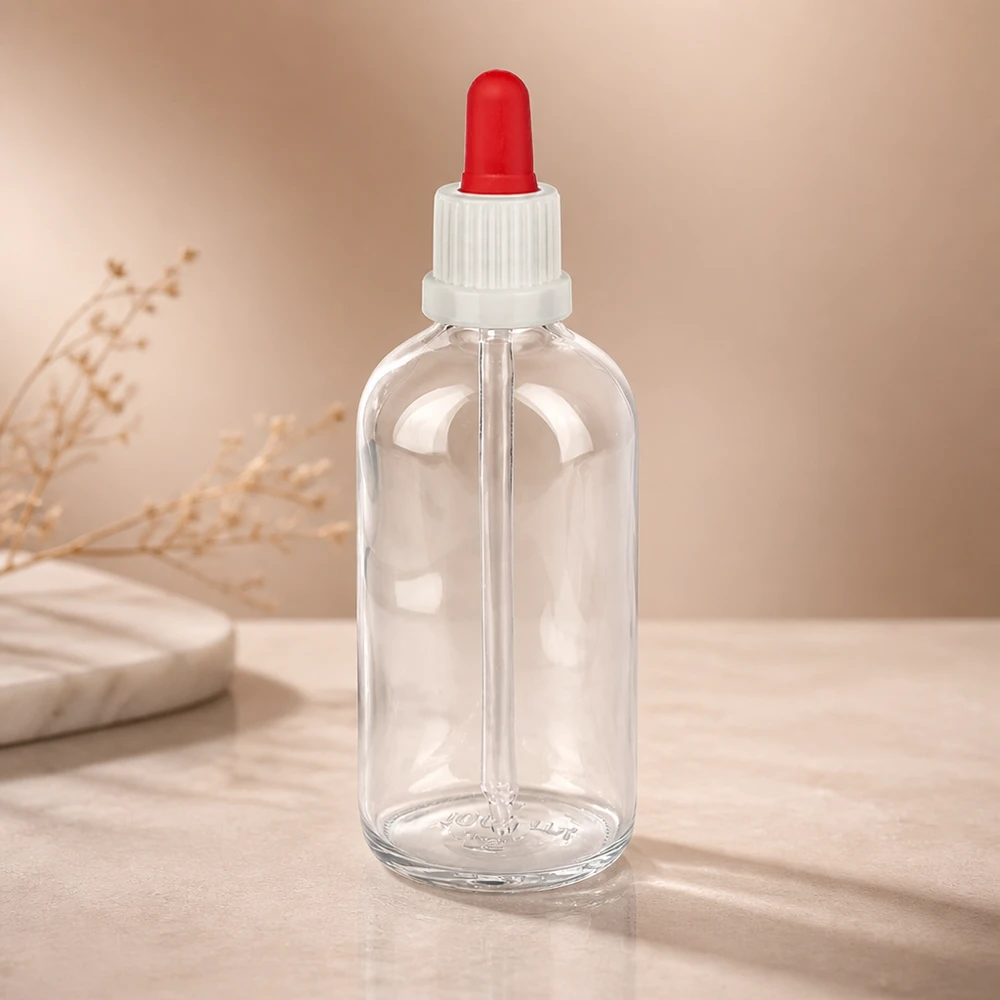 ClearLine druppelflesje 100 ml, helder glas, met rode rubberen bal en lange glazen pipetbuis UT18