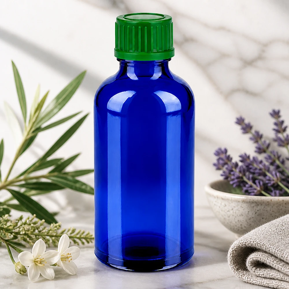 Compact glazen flesje van 50 ml met kindveilige groene dop voor mobiel gebruik